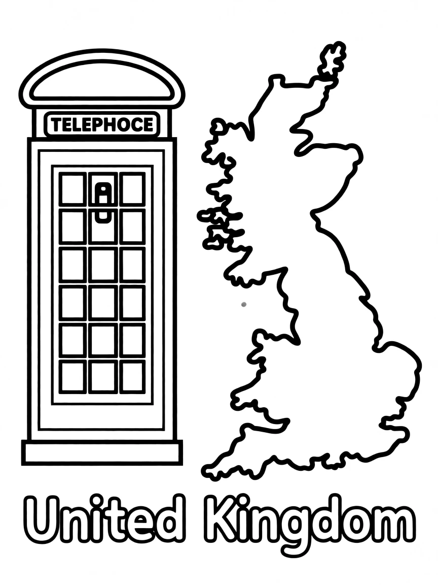 A cute telephone booth, a simple outline map of United Kingdom, and the word "United Kingdom"