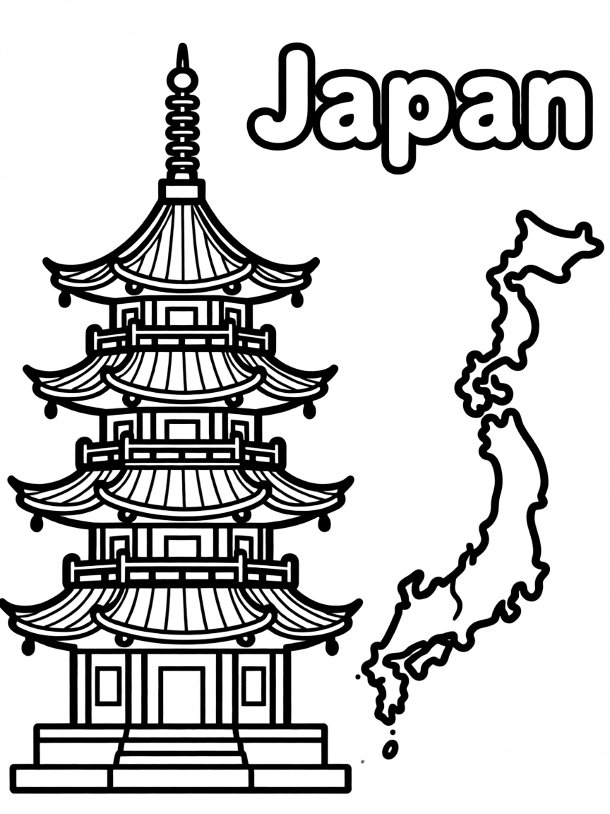 A happy pagoda, a simple outline map of Japan, and the word "Japan"
