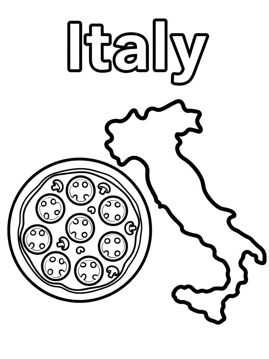 A small pizza, a simple outline map of Italy, and the word "Italy"