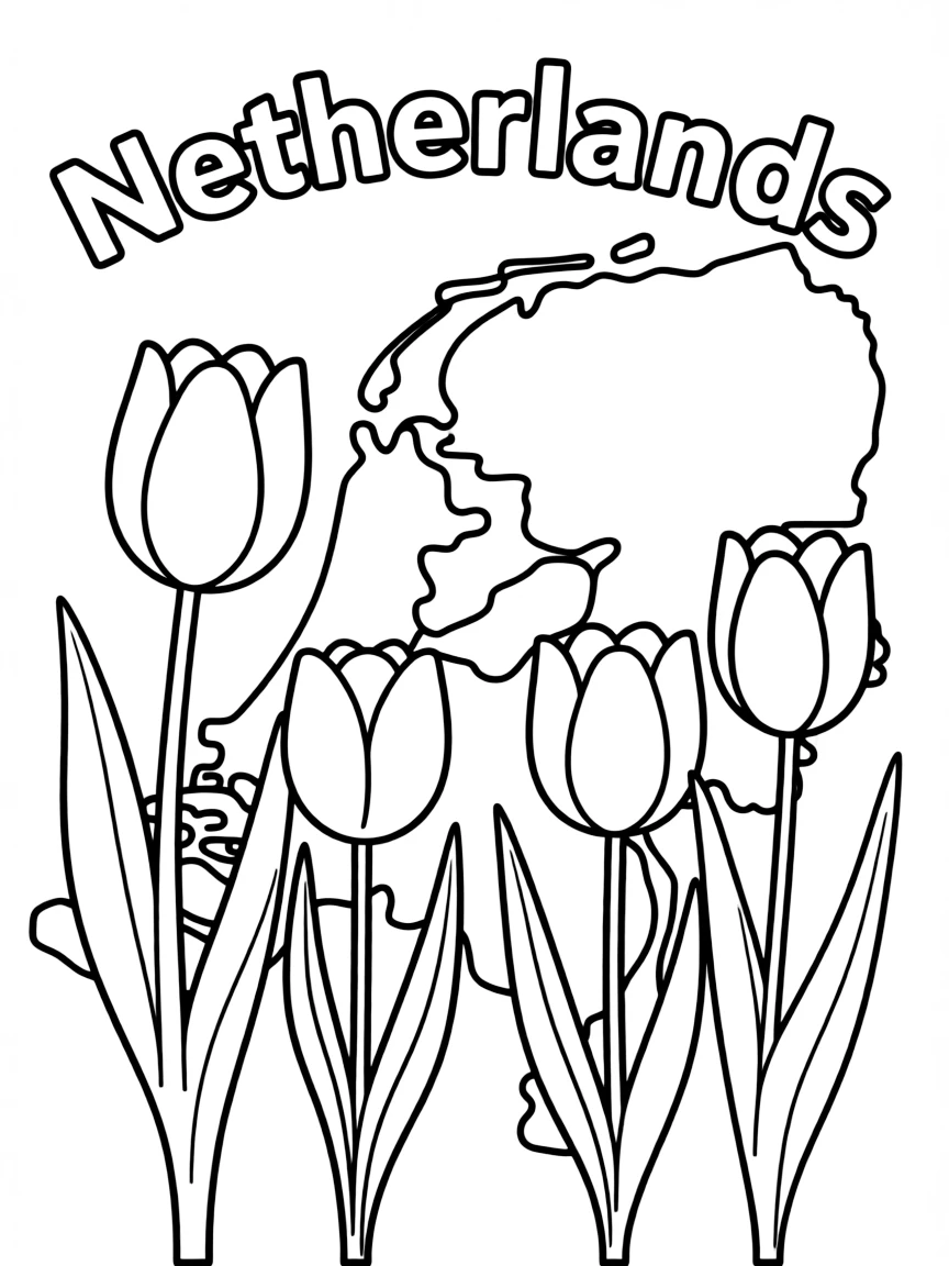 A cute tulip garden, a simple outline map of Netherlands, and the word "Netherlands"