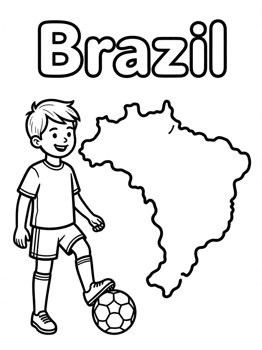 A small soccer player, a simple outline map of Brazil, and the word "Brazil"