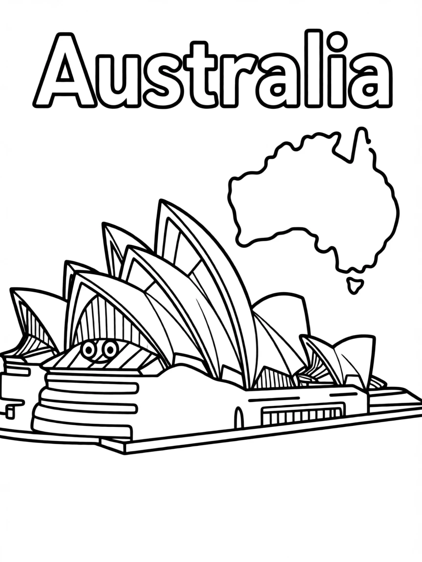 A friendly opera house, a simple outline map of Australia, and the word "Australia"