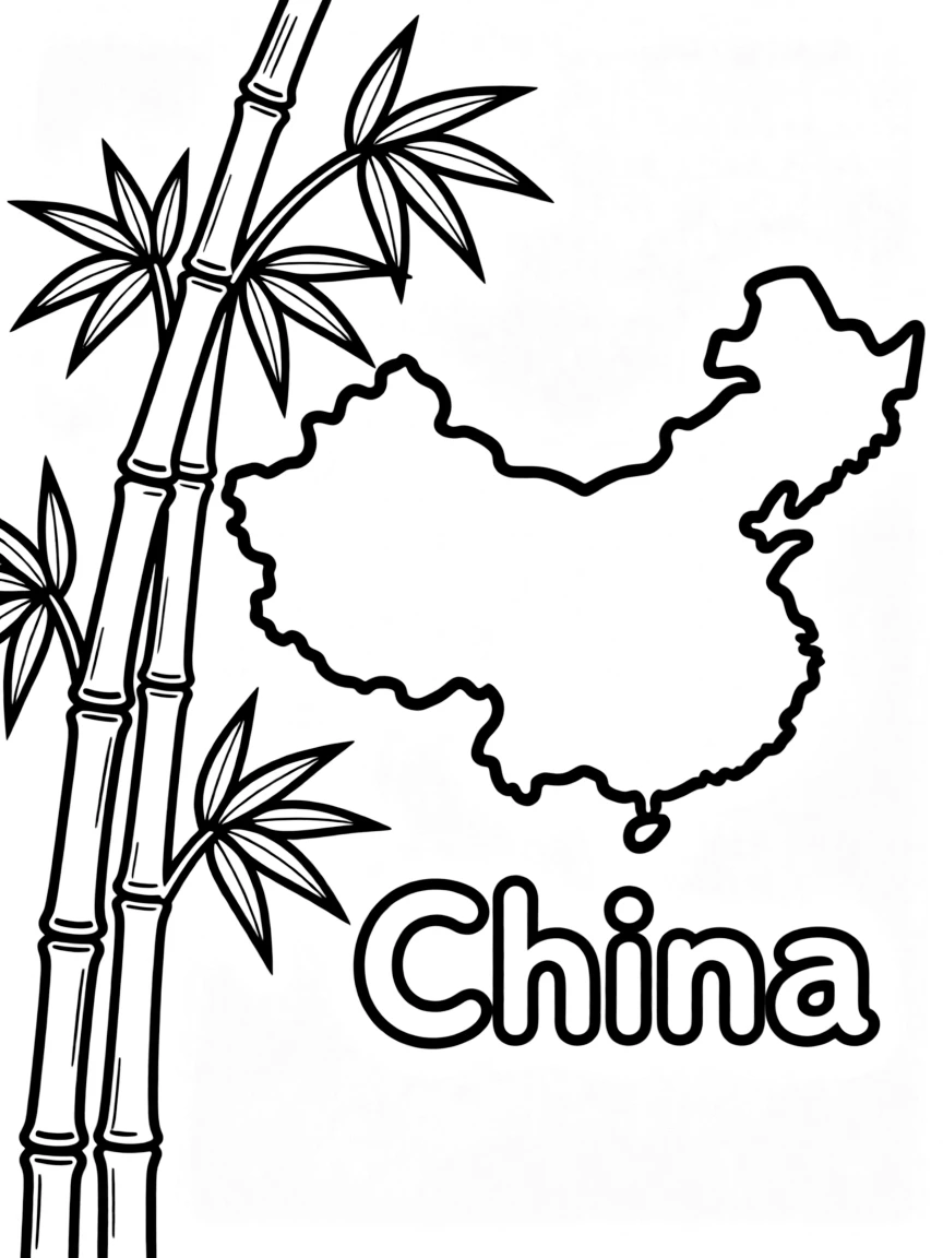 A cute bamboo, a simple outline map of China, and the word "China"