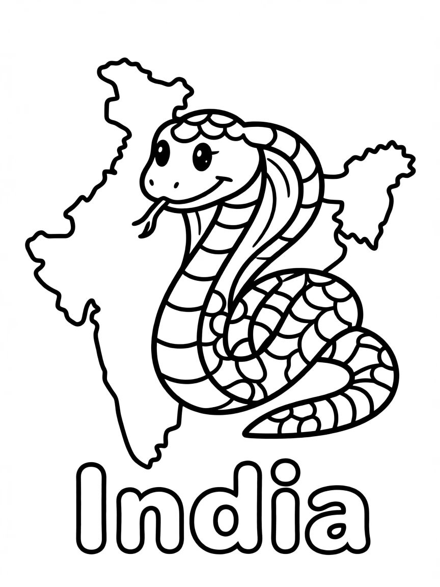 A happy cobra, a simple outline map of India, and the word "India"