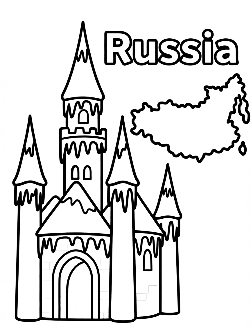 A friendly ice palace, a simple outline map of Russia, and the word "Russia"