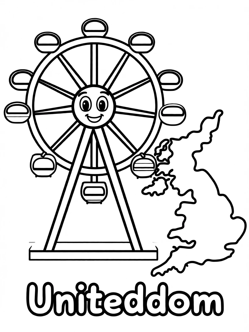 A happy London Eye, a simple outline map of United Kingdom, and the word "United Kingdom"