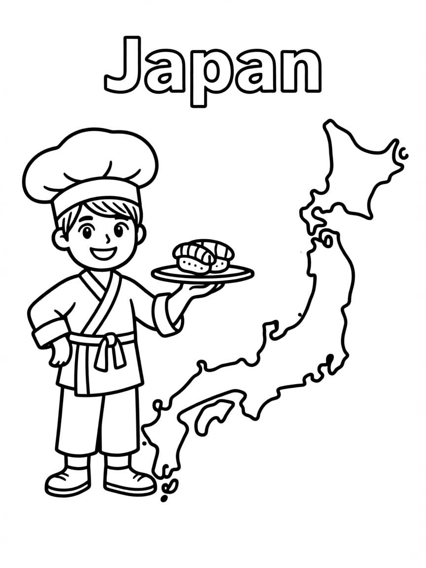 A small sushi chef, a simple outline map of Japan, and the word "Japan"