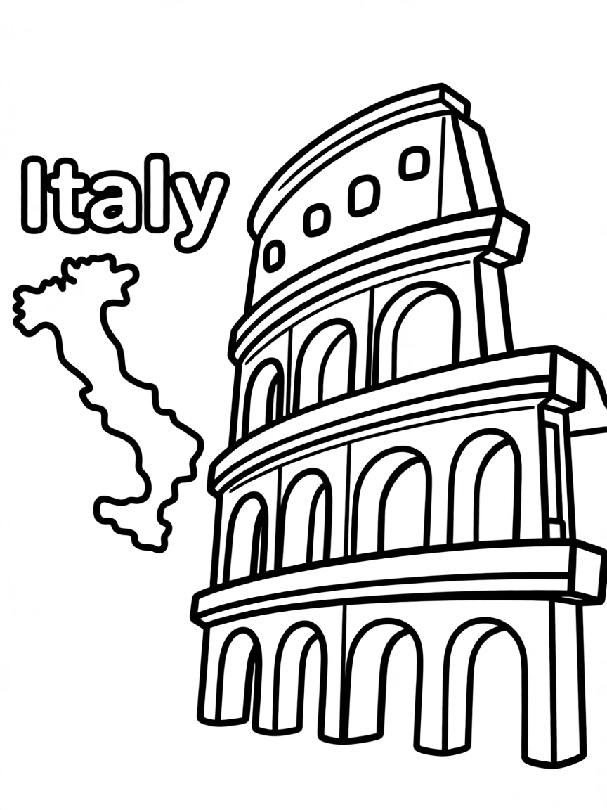 A friendly Coliseum, a simple outline map of Italy, and the word "Italy"