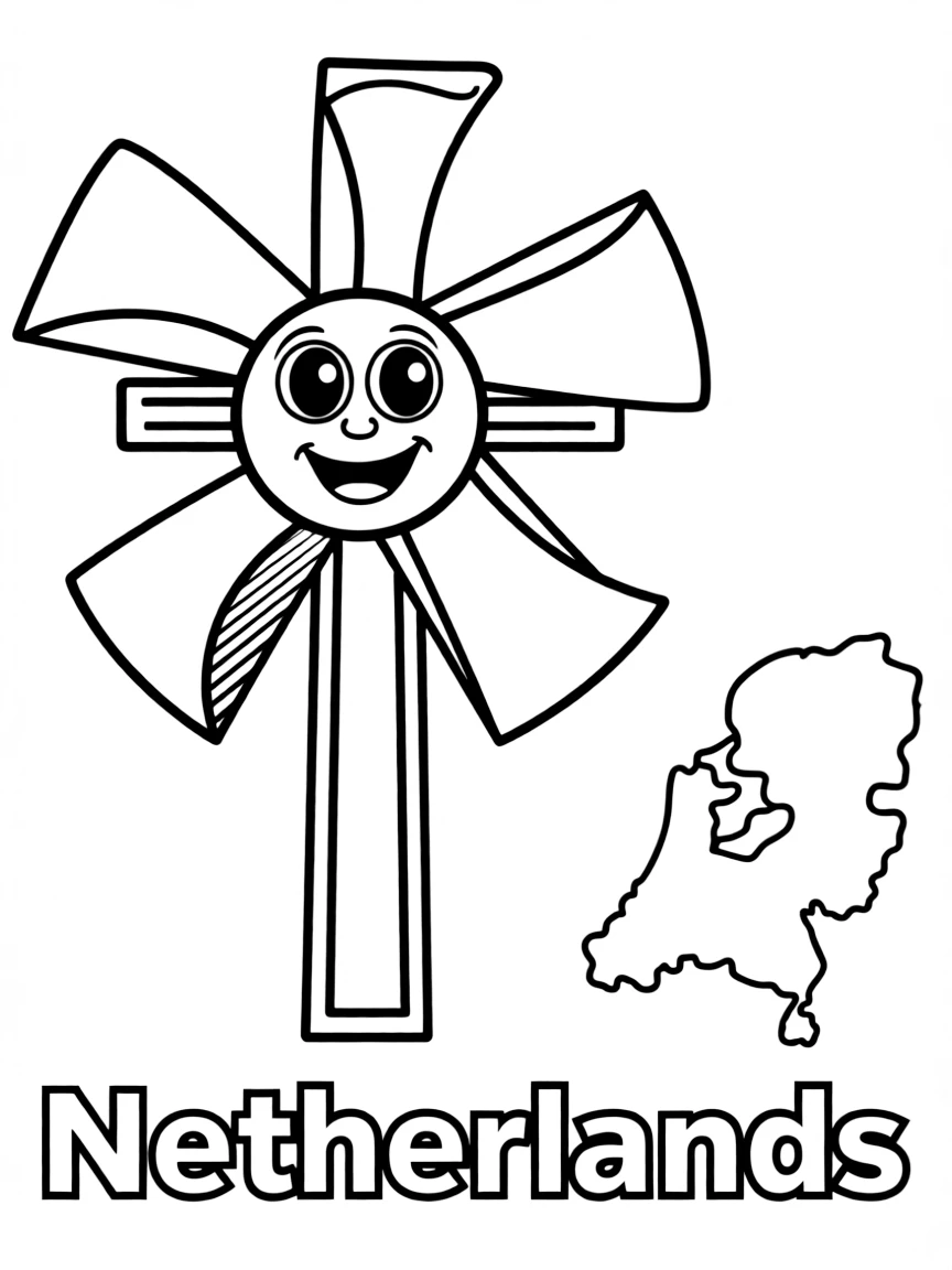 A happy windmill blade, a simple outline map of Netherlands, and the word "Netherlands"