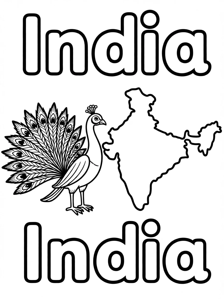 A small peacock, a simple outline map of India, and the word "India"