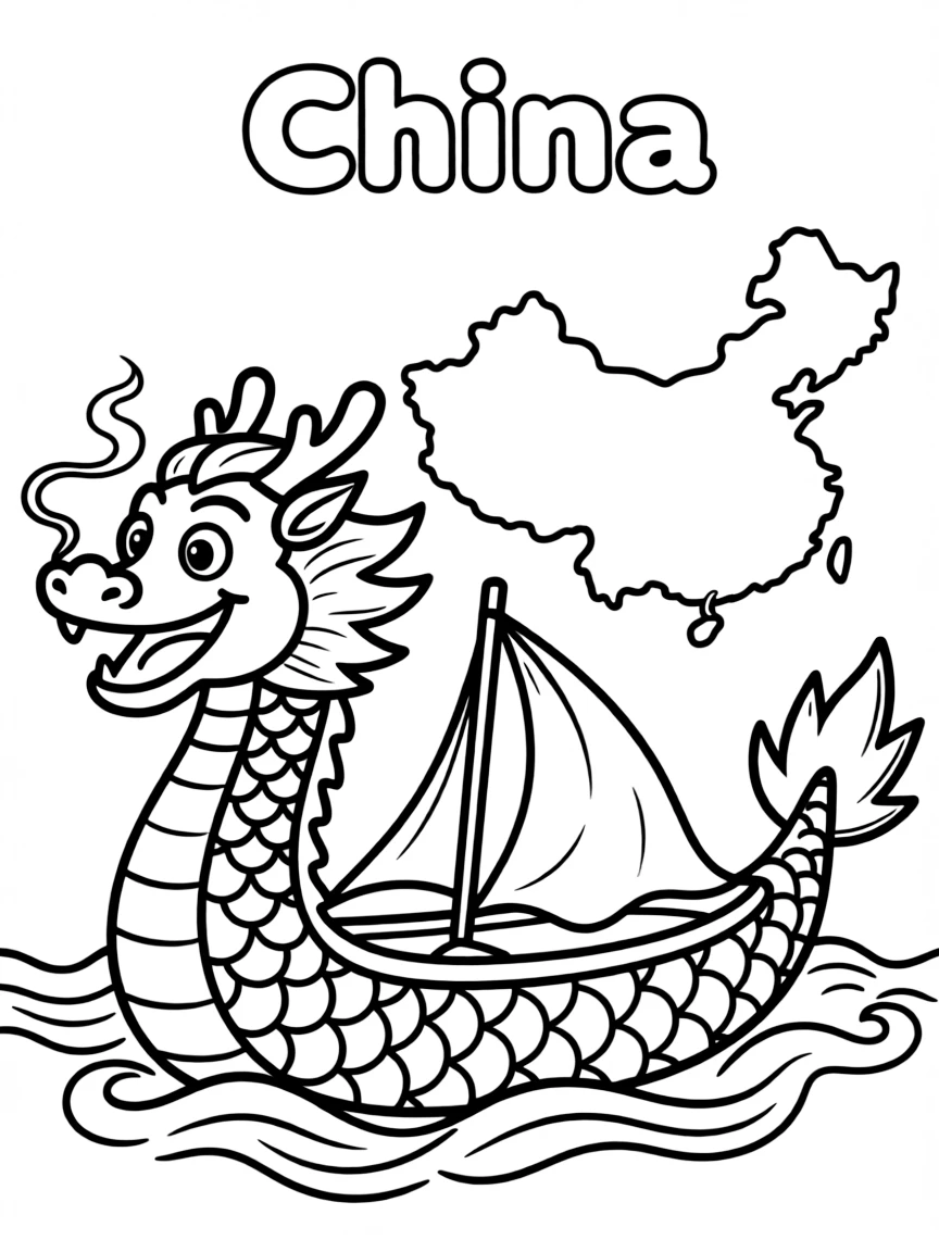 A happy dragon boat, a simple outline map of China, and the word "China"