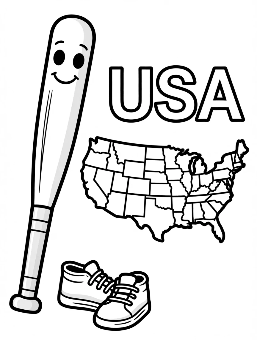 A friendly baseball bat, a simple outline map of USA, and the word "USA"