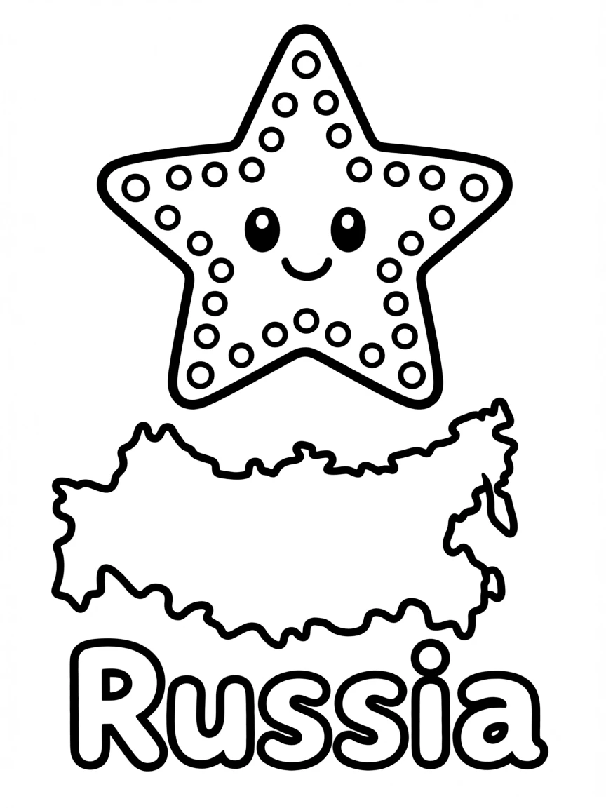 A cute Kremlin star, a simple outline map of Russia, and the word "Russia"