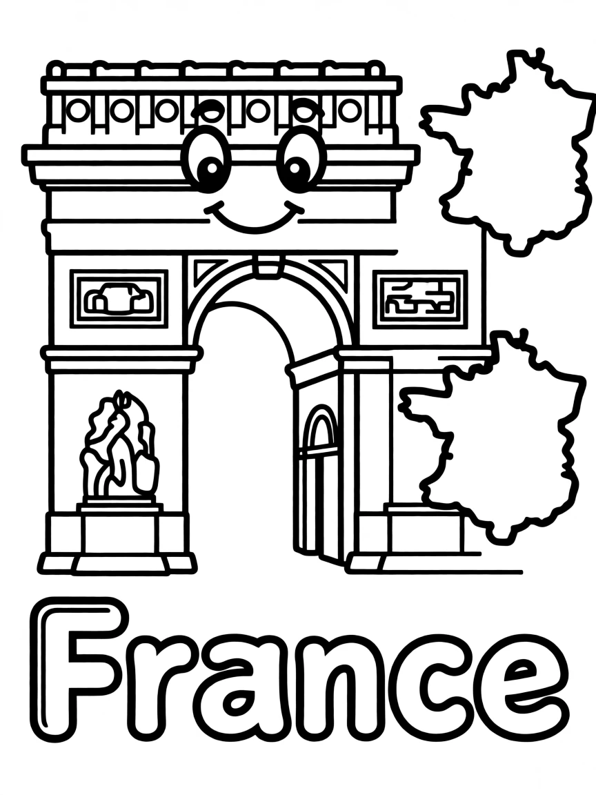 A happy Arc de Triomphe, a simple outline map of France, and the word "France"