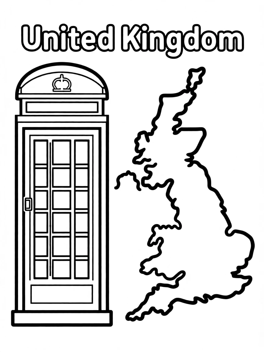 A small red phone booth, a simple outline map of United Kingdom, and the word "United Kingdom"