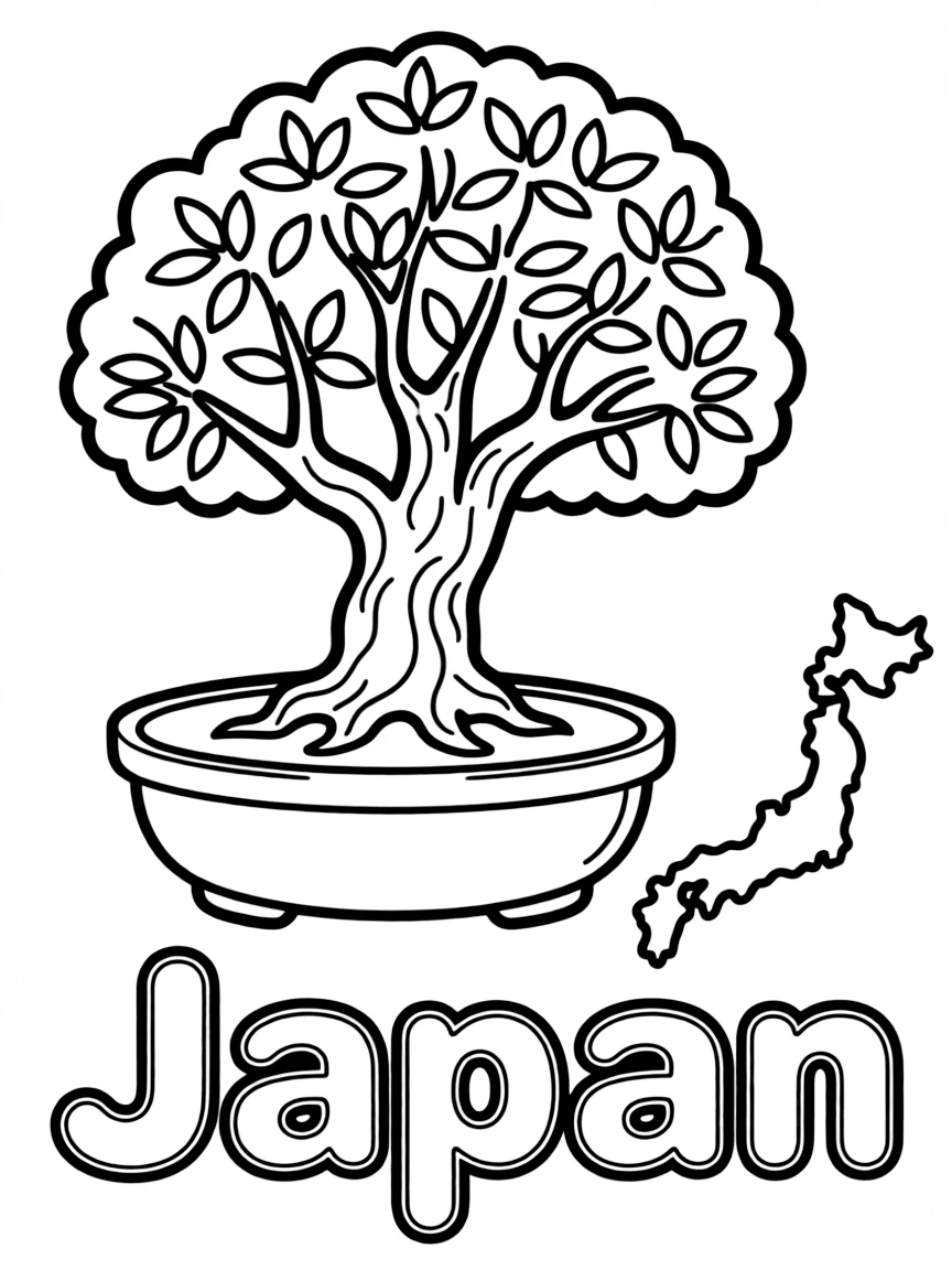 A friendly bonsai tree, a simple outline map of Japan, and the word "Japan"