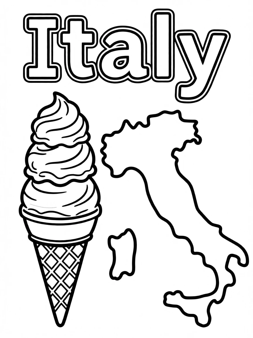 A cute gelato, a simple outline map of Italy, and the word "Italy"
