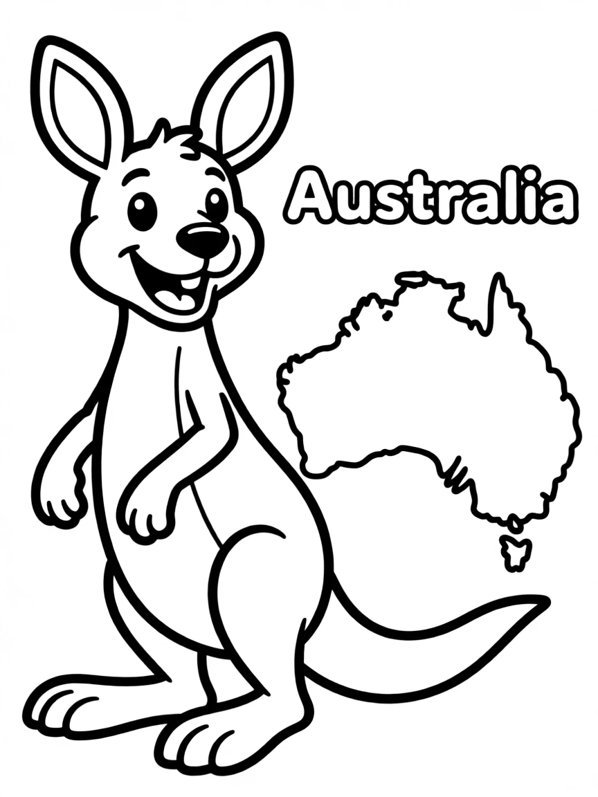 A happy kangaroo, a simple outline map of Australia, and the word "Australia"
