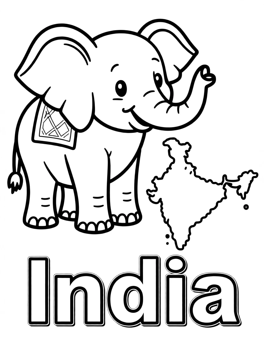 A friendly elephant, a simple outline map of India, and the word "India"
