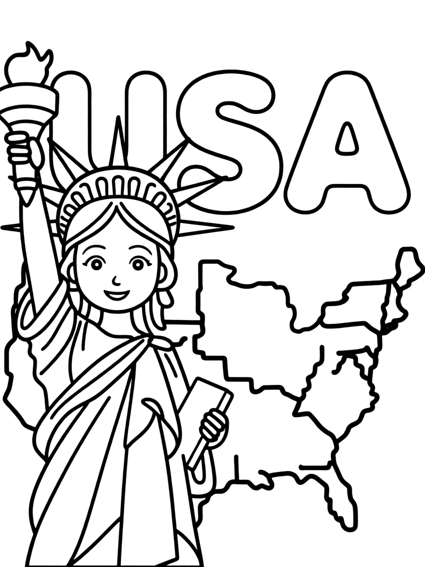 A cute Statue of Liberty, a simple outline map of USA, and the word "USA"