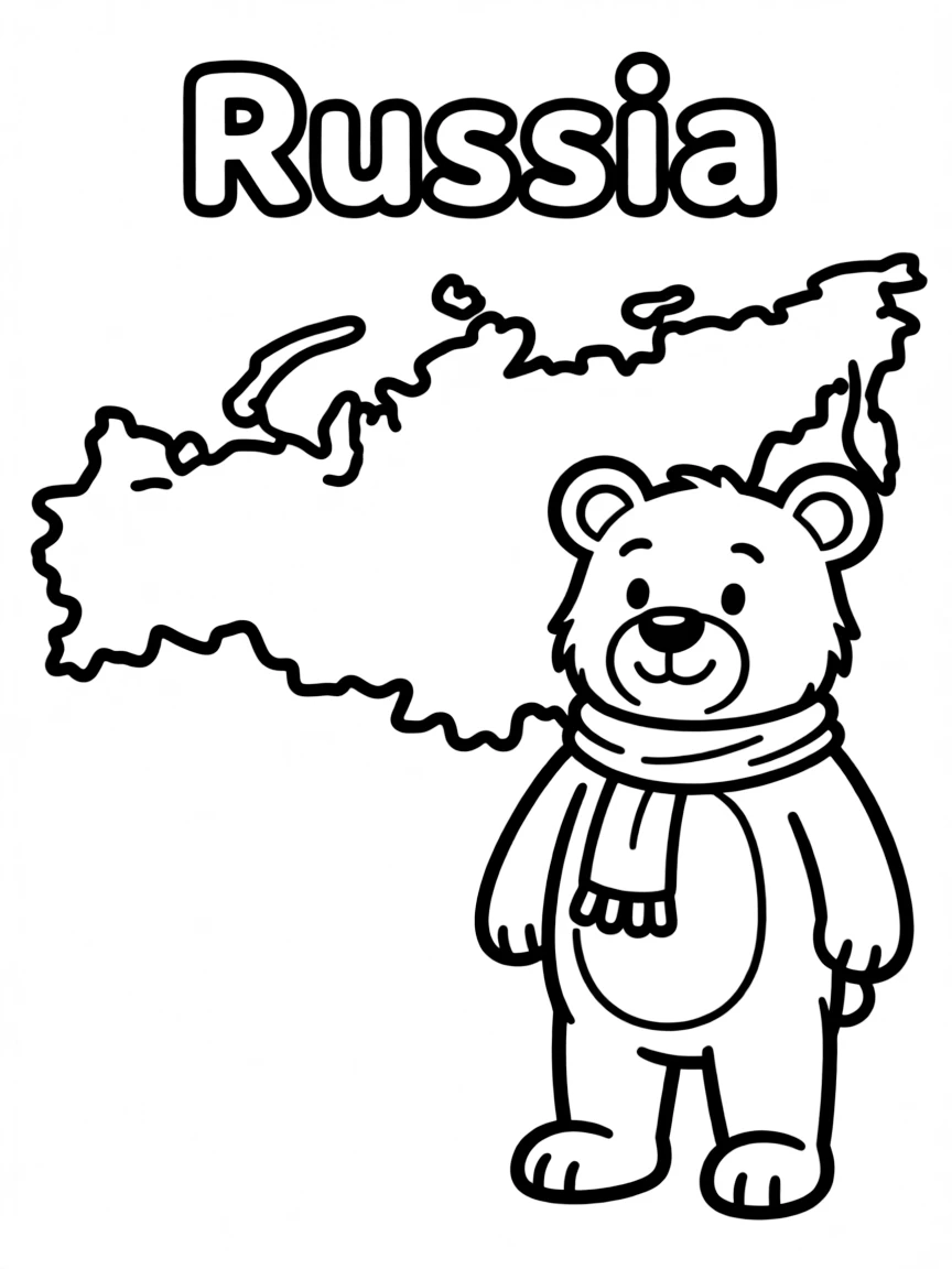A happy bear, a simple outline map of Russia, and the word "Russia"