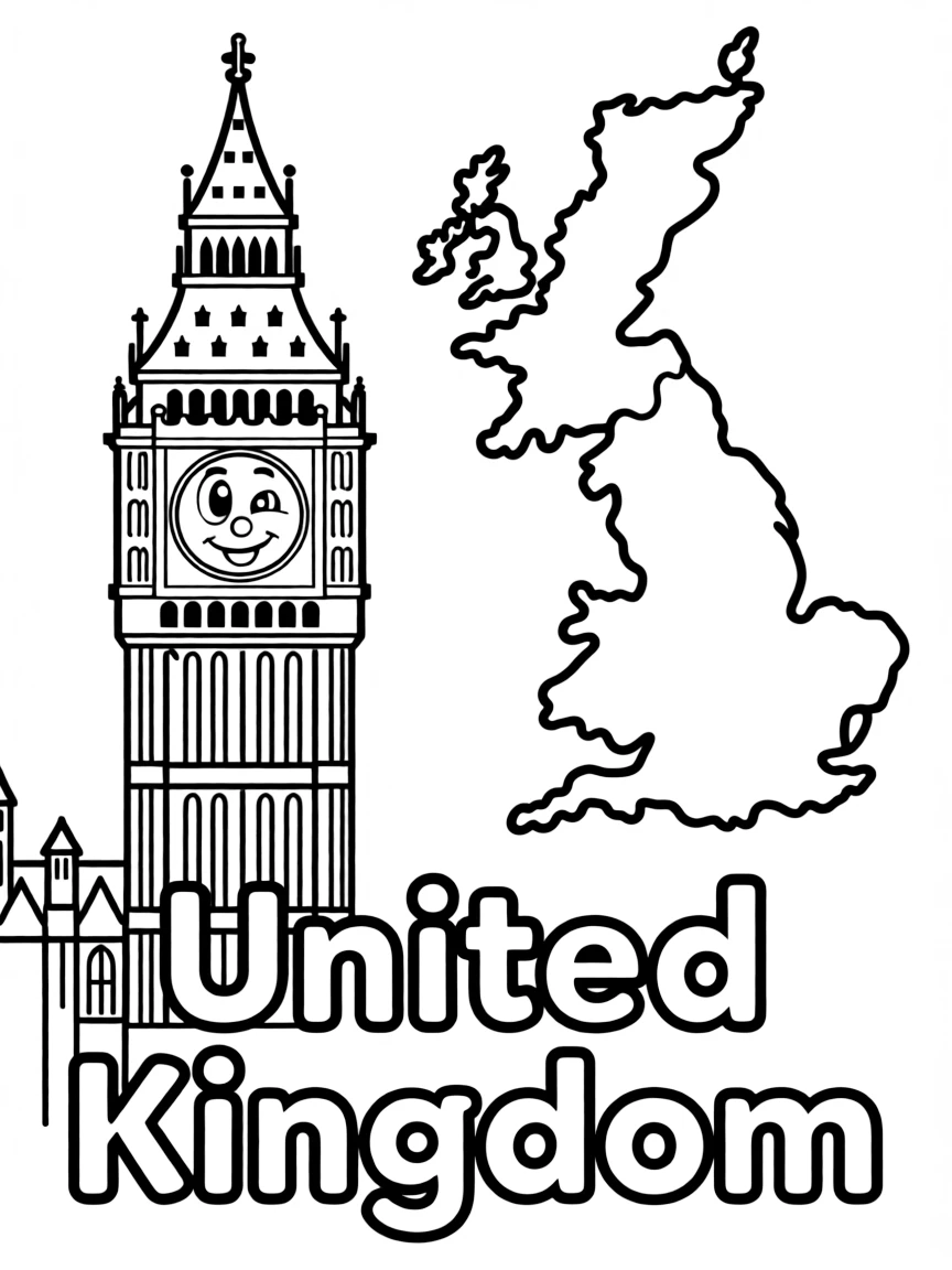 A friendly Big Ben, a simple outline map of United Kingdom, and the word "United Kingdom"