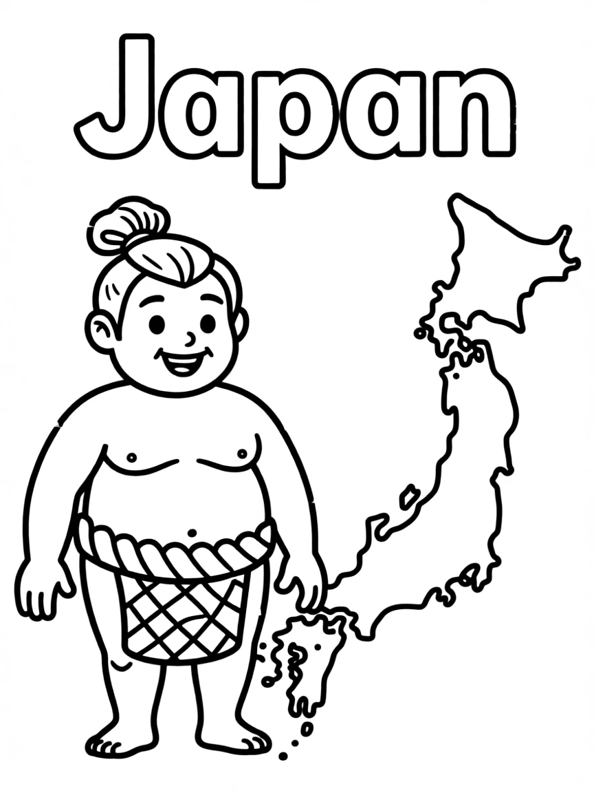 A cute sumo wrestler, a simple outline map of Japan, and the word "Japan"