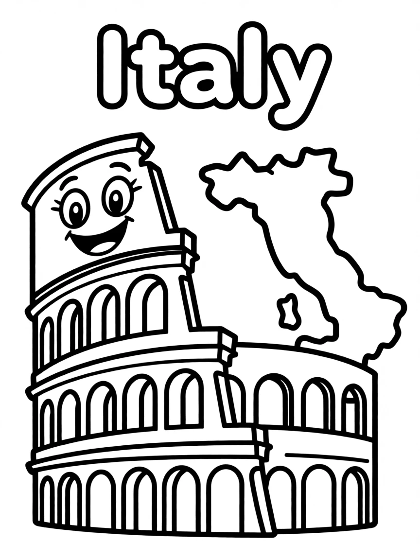 A happy Colosseum, a simple outline map of Italy, and the word "Italy"
