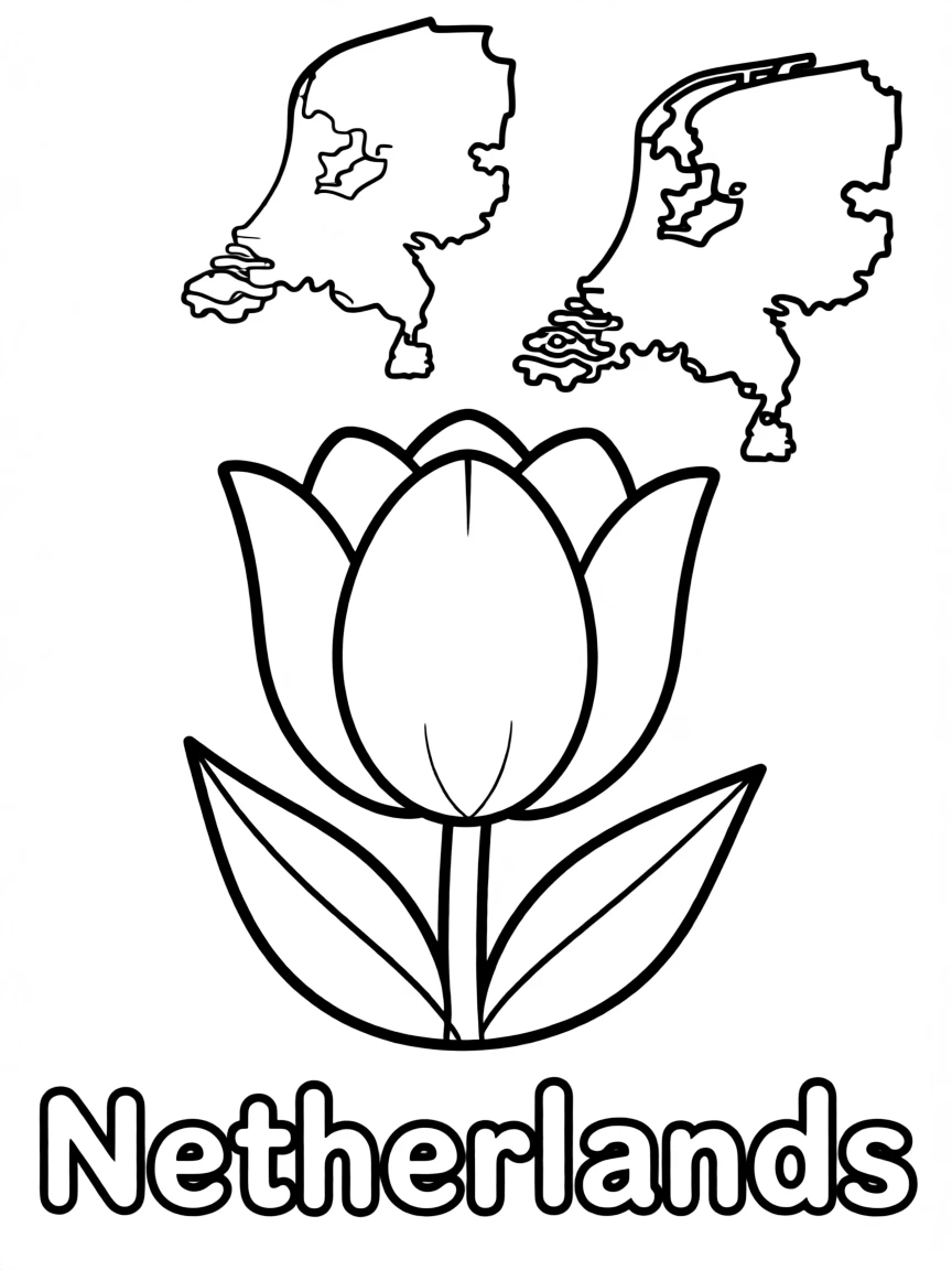 A friendly tulip, a simple outline map of Netherlands, and the word "Netherlands"