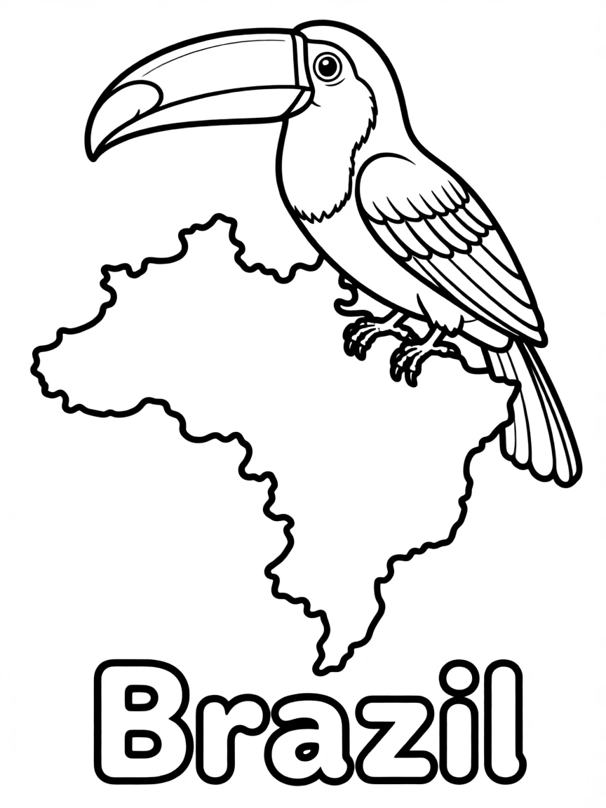 A happy toucan, a simple outline map of Brazil, and the word "Brazil"
