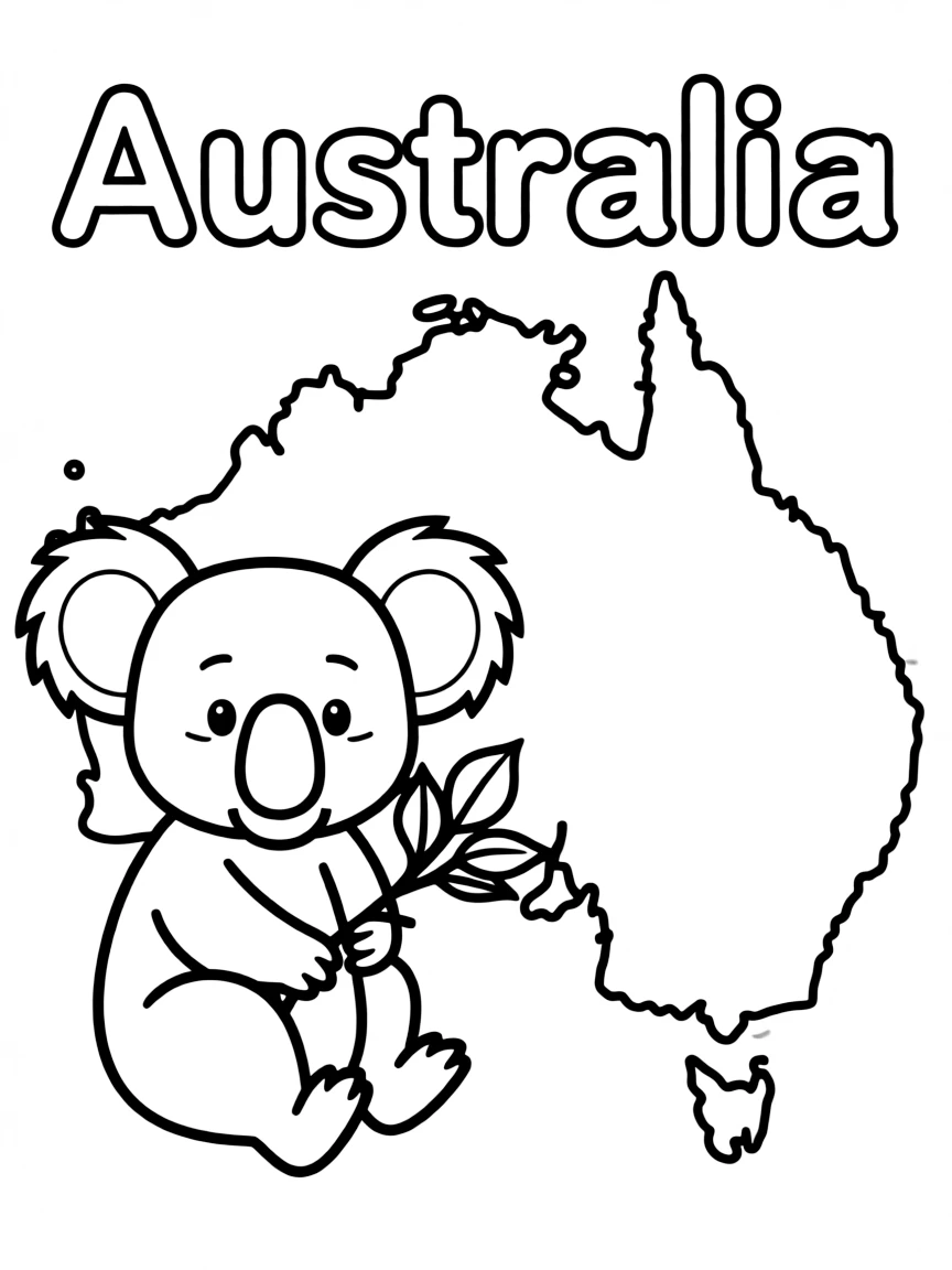 A small koala, a simple outline map of Australia, and the word "Australia"