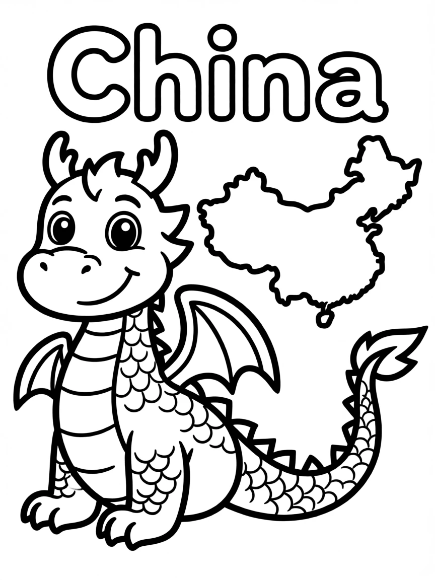 A friendly dragon, a simple outline map of China, and the word "China"