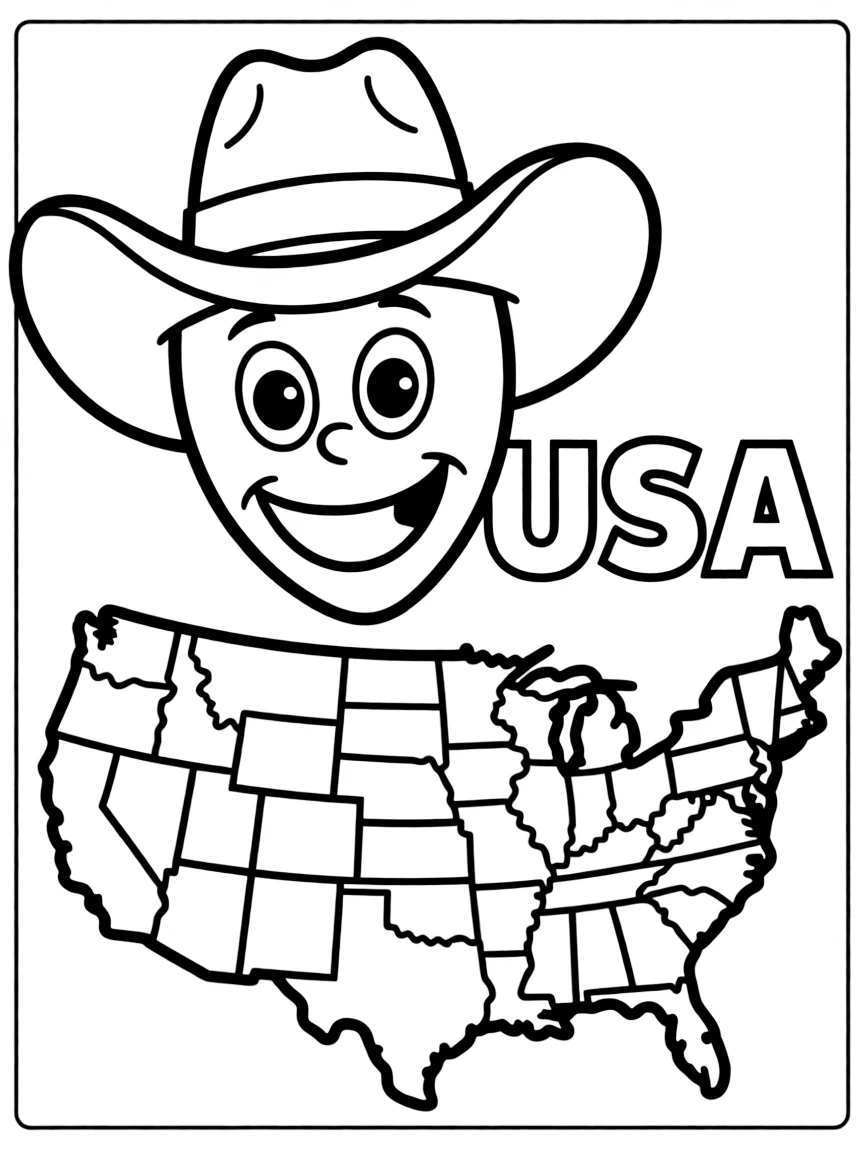 A happy cowboy hat, a simple outline map of USA, and the word "USA"