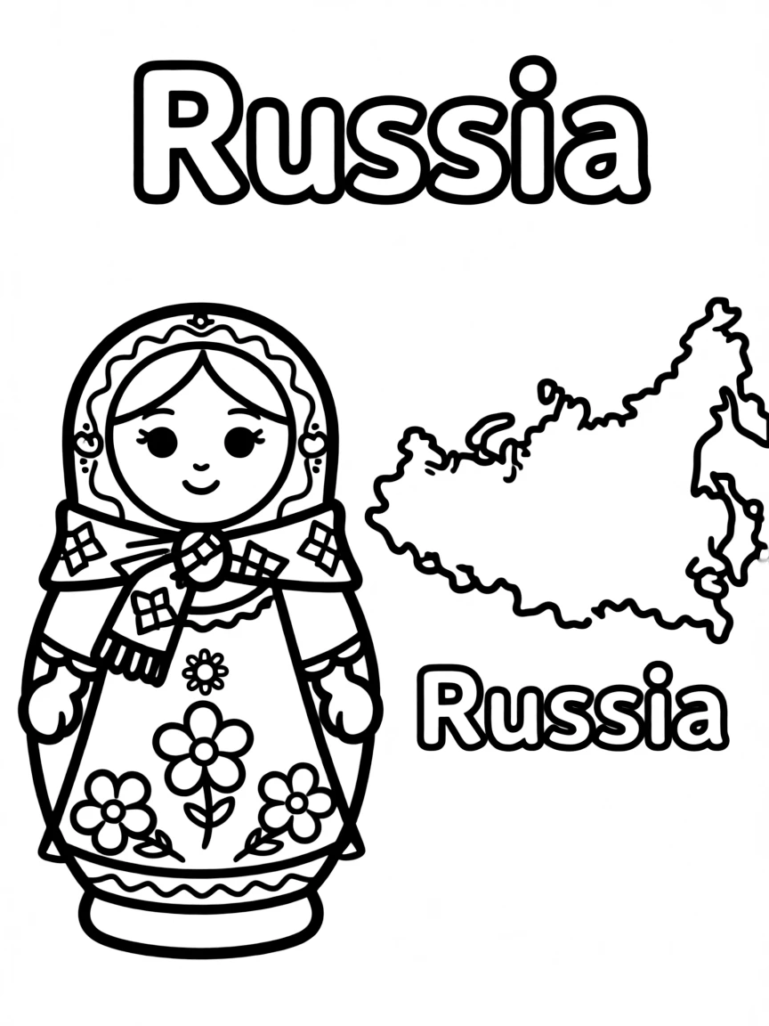 A small matryoshka doll, a simple outline map of Russia, and the word "Russia"