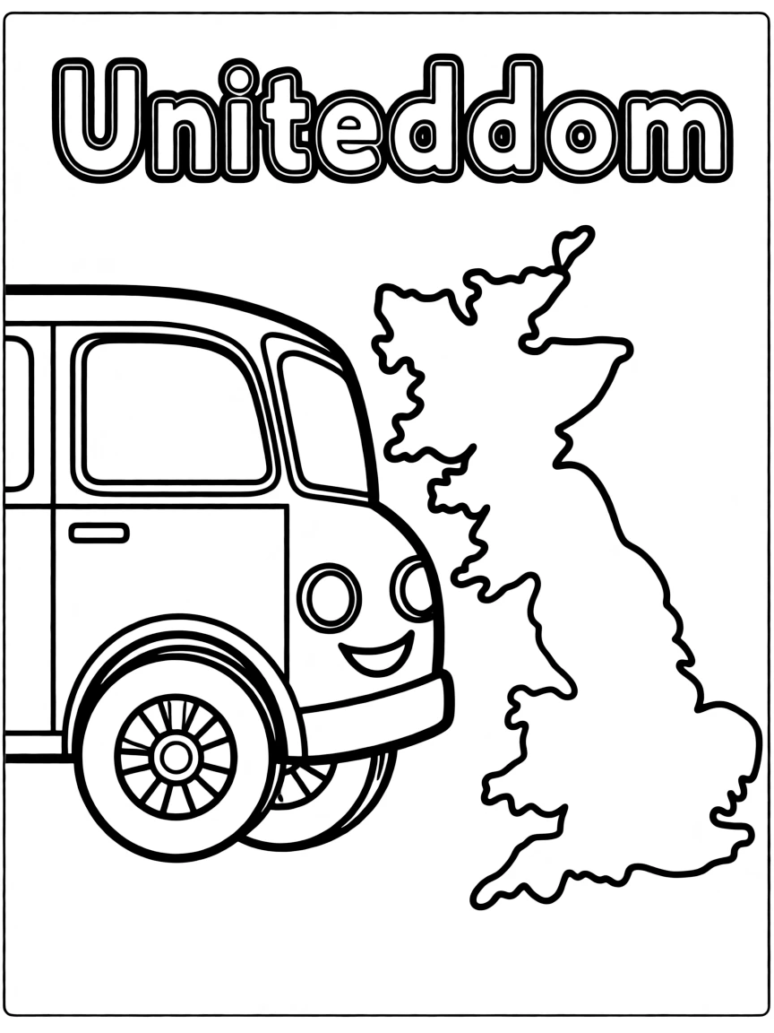 A cute red bus, a simple outline map of United Kingdom, and the word "United Kingdom"