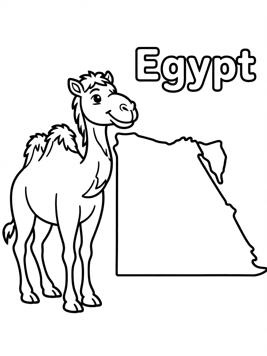 A friendly camel, a simple outline map of Egypt, and the word "Egypt"