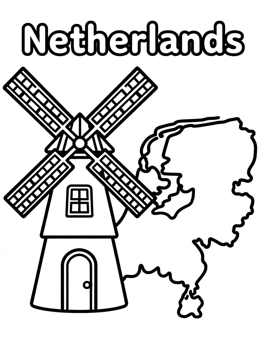 A cute windmill, a simple outline map of Netherlands, and the word "Netherlands"