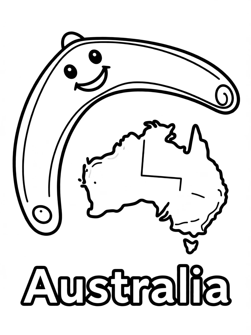 A friendly boomerang, a simple outline map of Australia, and the word "Australia"