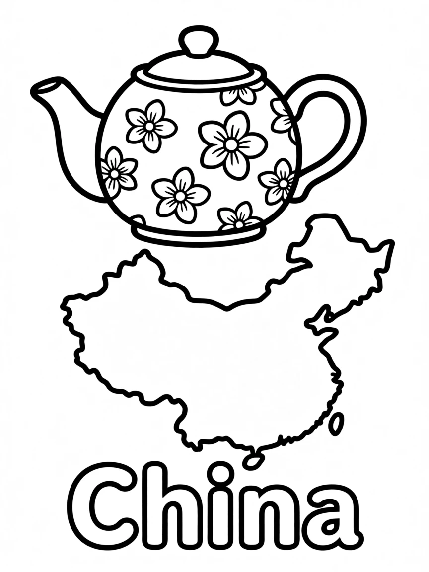 A cute teapot, a simple outline map of China, and the word "China"