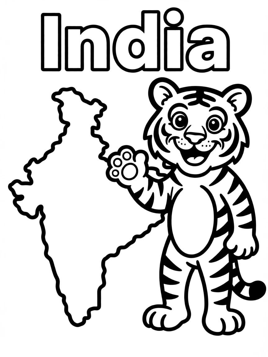 A happy tiger, a simple outline map of India, and the word "India"