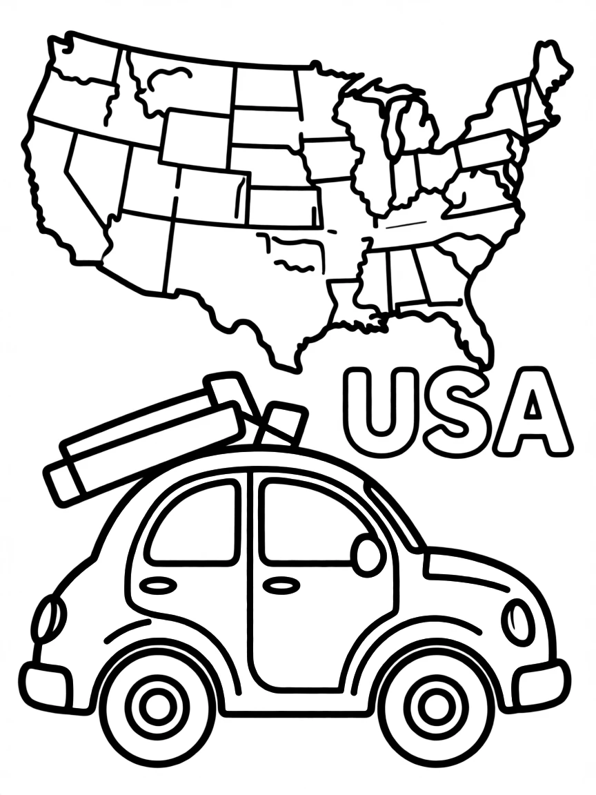 A small yellow cab, a simple outline map of USA, and the word "USA"