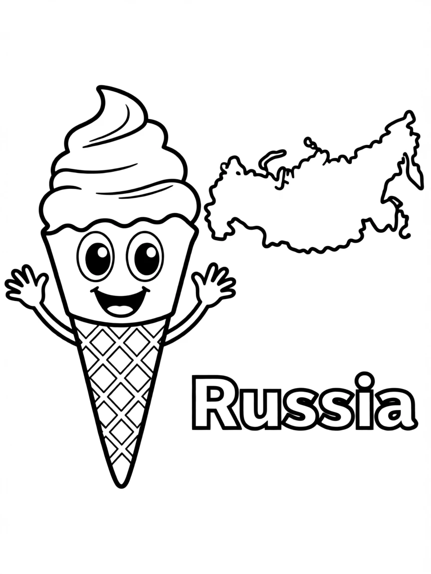 A friendly ice cream cone, a simple outline map of Russia, and the word "Russia"