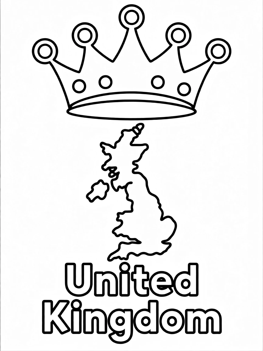A happy crown, a simple outline map of United Kingdom, and the word "United Kingdom"