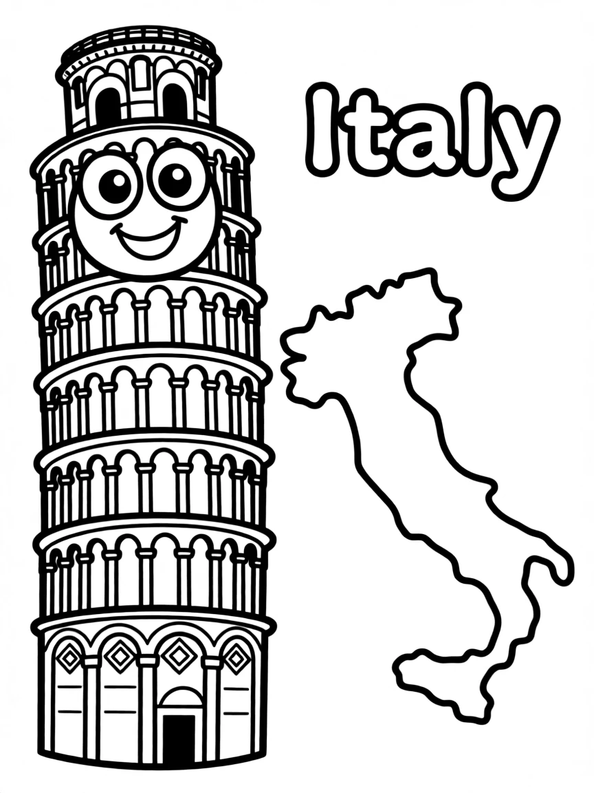 A friendly leaning tower, a simple outline map of Italy, and the word "Italy"