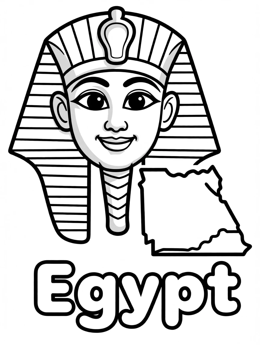 A cute pharaoh mask, a simple outline map of Egypt, and the word "Egypt"