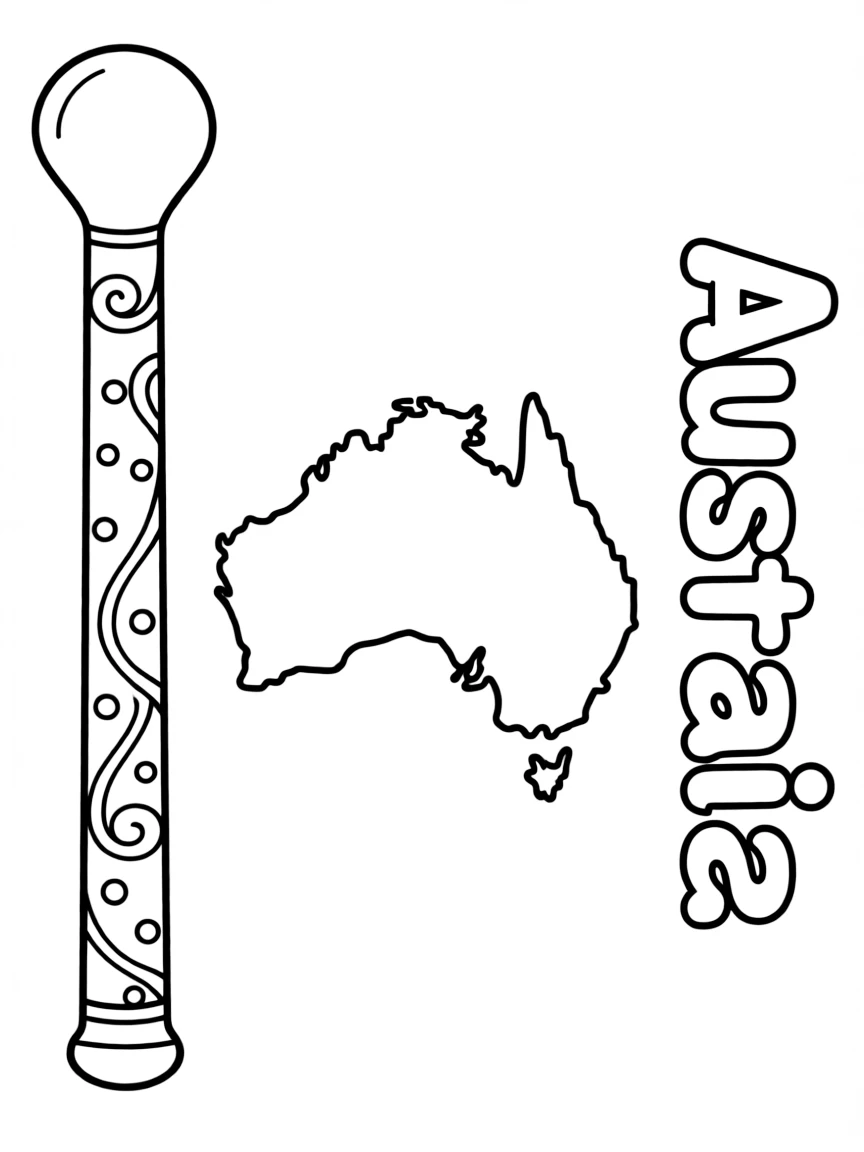 A cute didgeridoo, a simple outline map of Australia, and the word "Australia"
