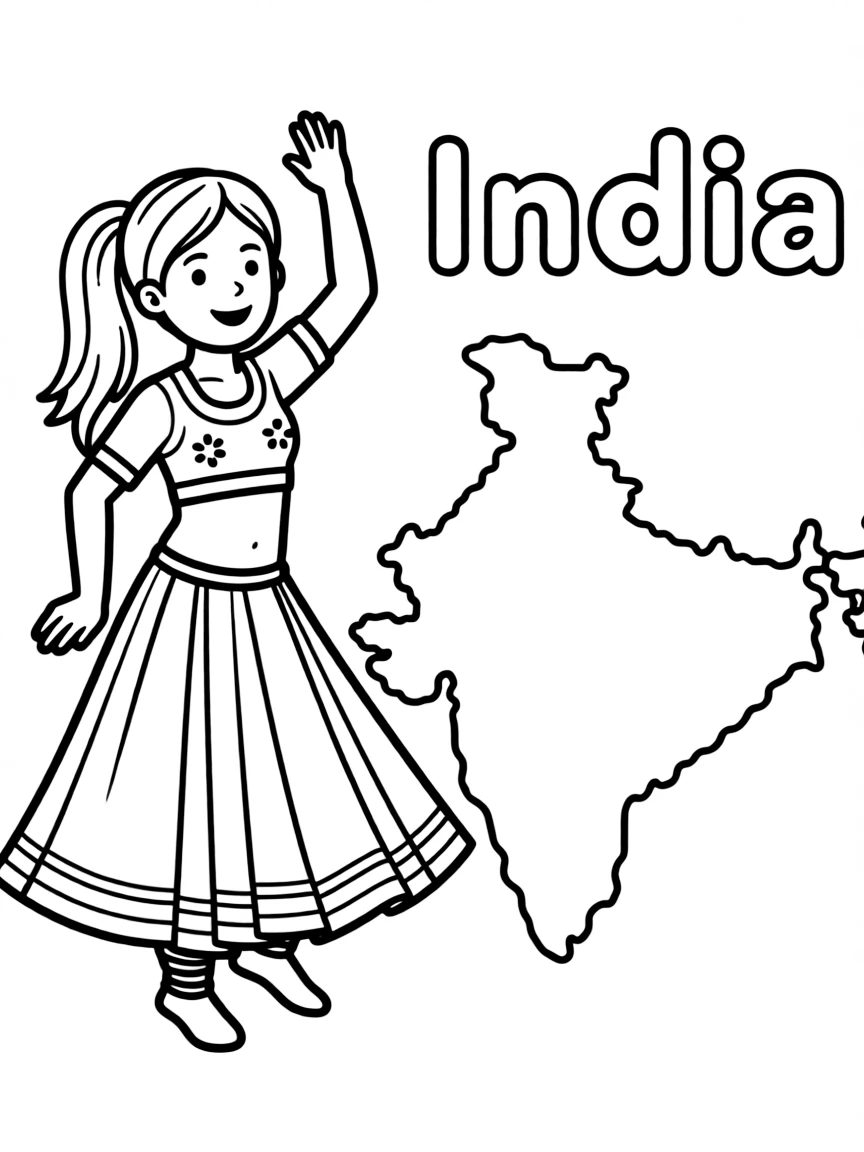 A small Bollywood dancer, a simple outline map of India, and the word "India"