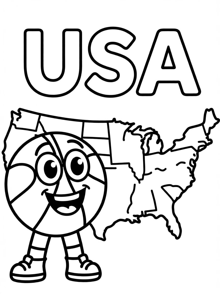 A friendly basketball, a simple outline map of USA, and the word "USA"