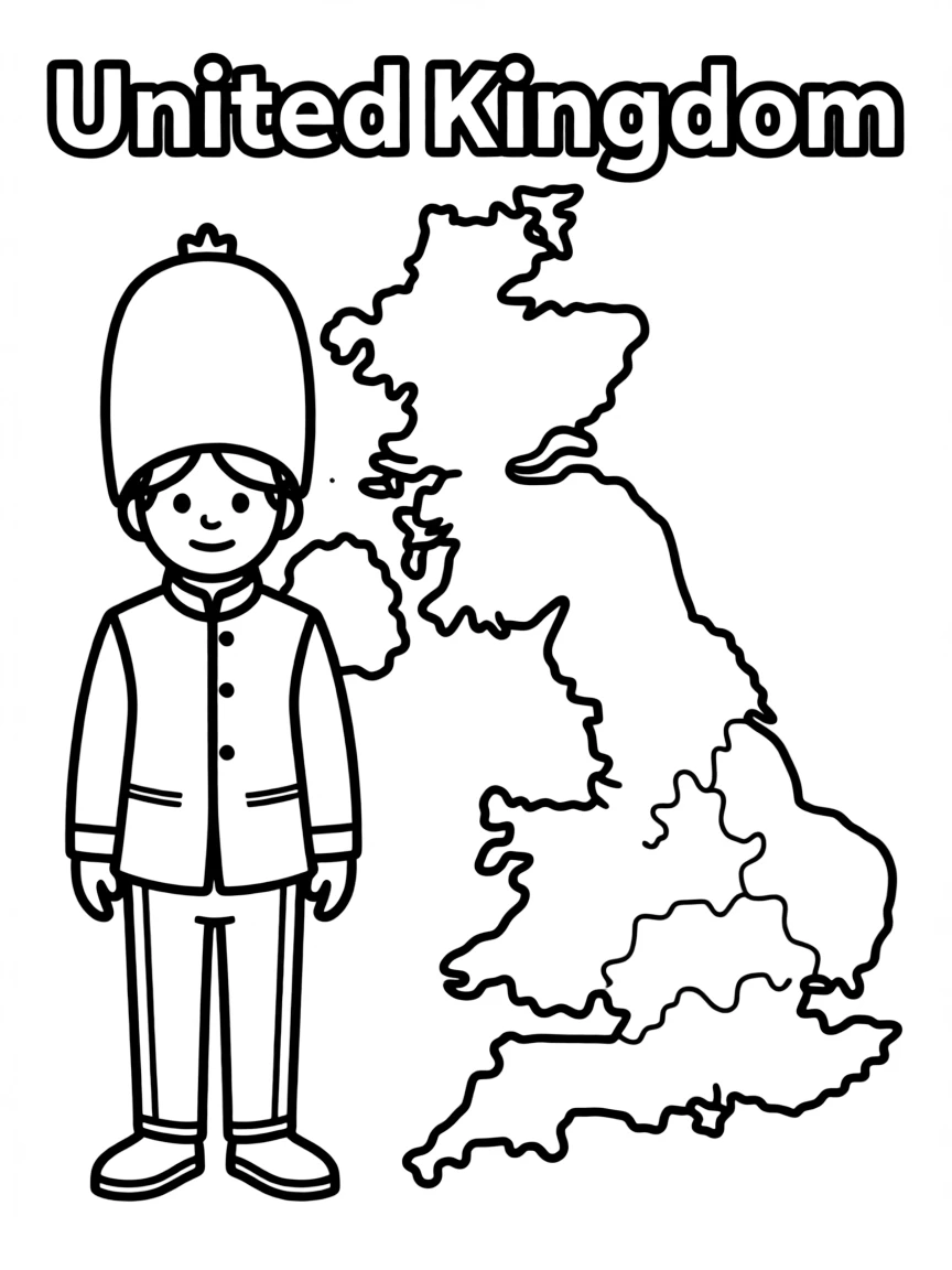 A small guard, a simple outline map of United Kingdom, and the word "United Kingdom"