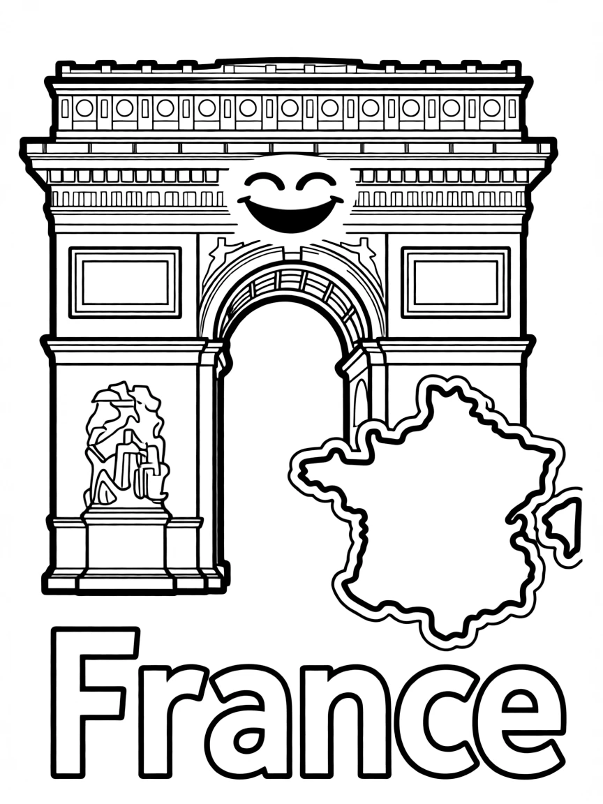 A happy Arc de Triomphe, a simple outline map of France, and the word "France"